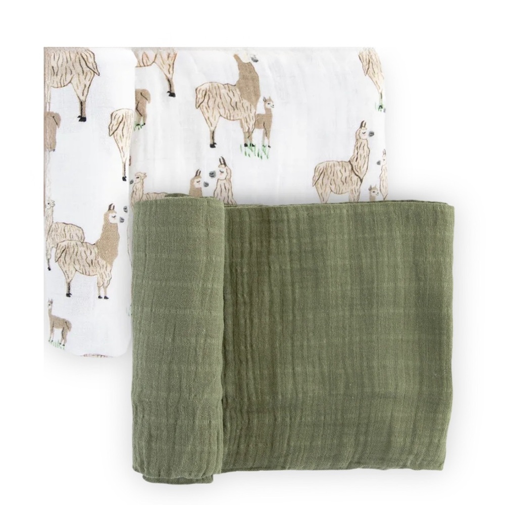 Little Unicorn Muslin Swaddles — Llama & Solid Green